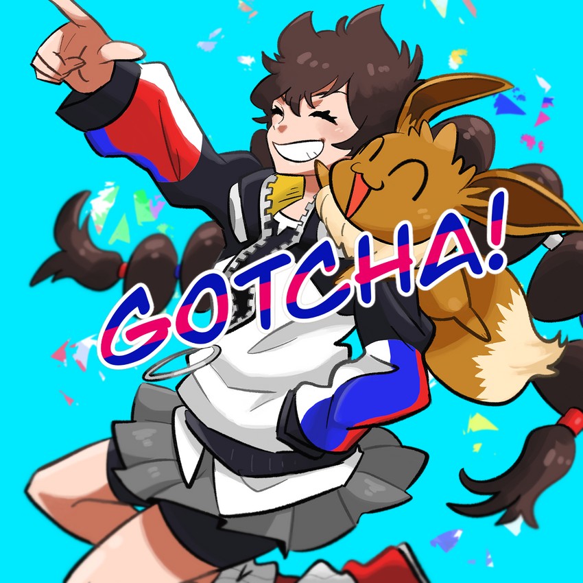 eevee and gotcha! girl (pokemon and 1 more) drawn by kokesa_kerokero