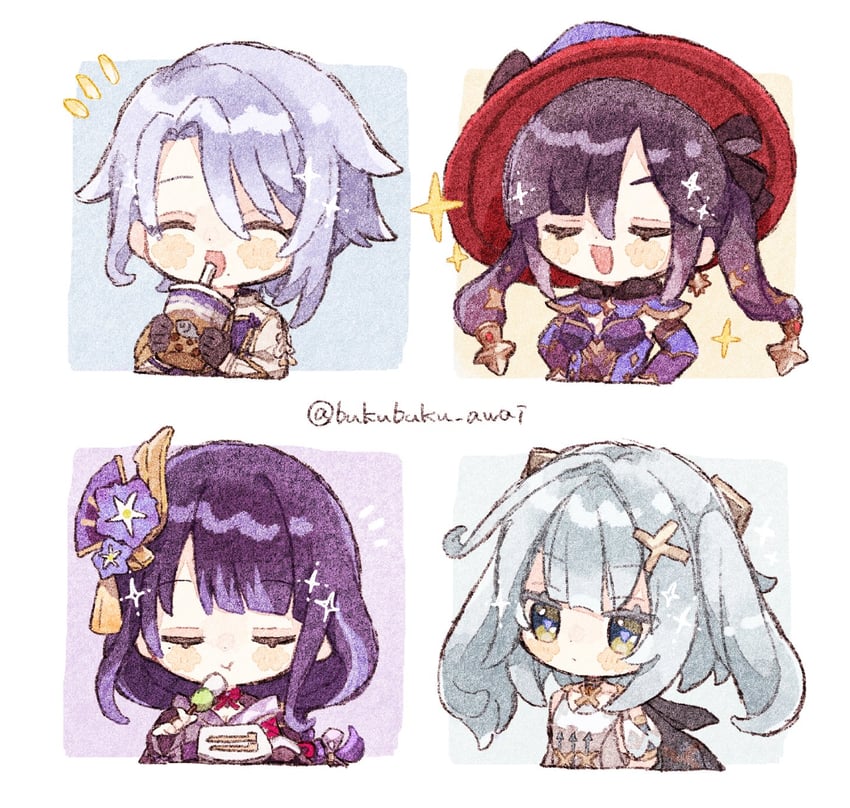raiden shogun, mona, kamisato ayato, and faruzan (genshin impact) drawn by nekorune_(bukubuku_awai)