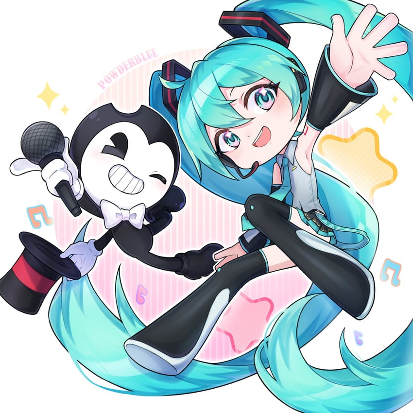 hatsune miku and bendy (vocaloid and 1 more) drawn by powderblue_lan