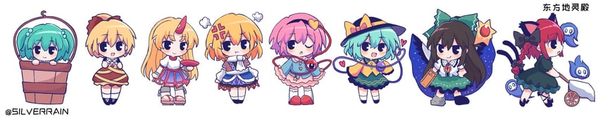 komeiji koishi, komeiji satori, kaenbyou rin, reiuji utsuho, mizuhashi parsee, and 3 more (touhou and 1 more) drawn by silverrain