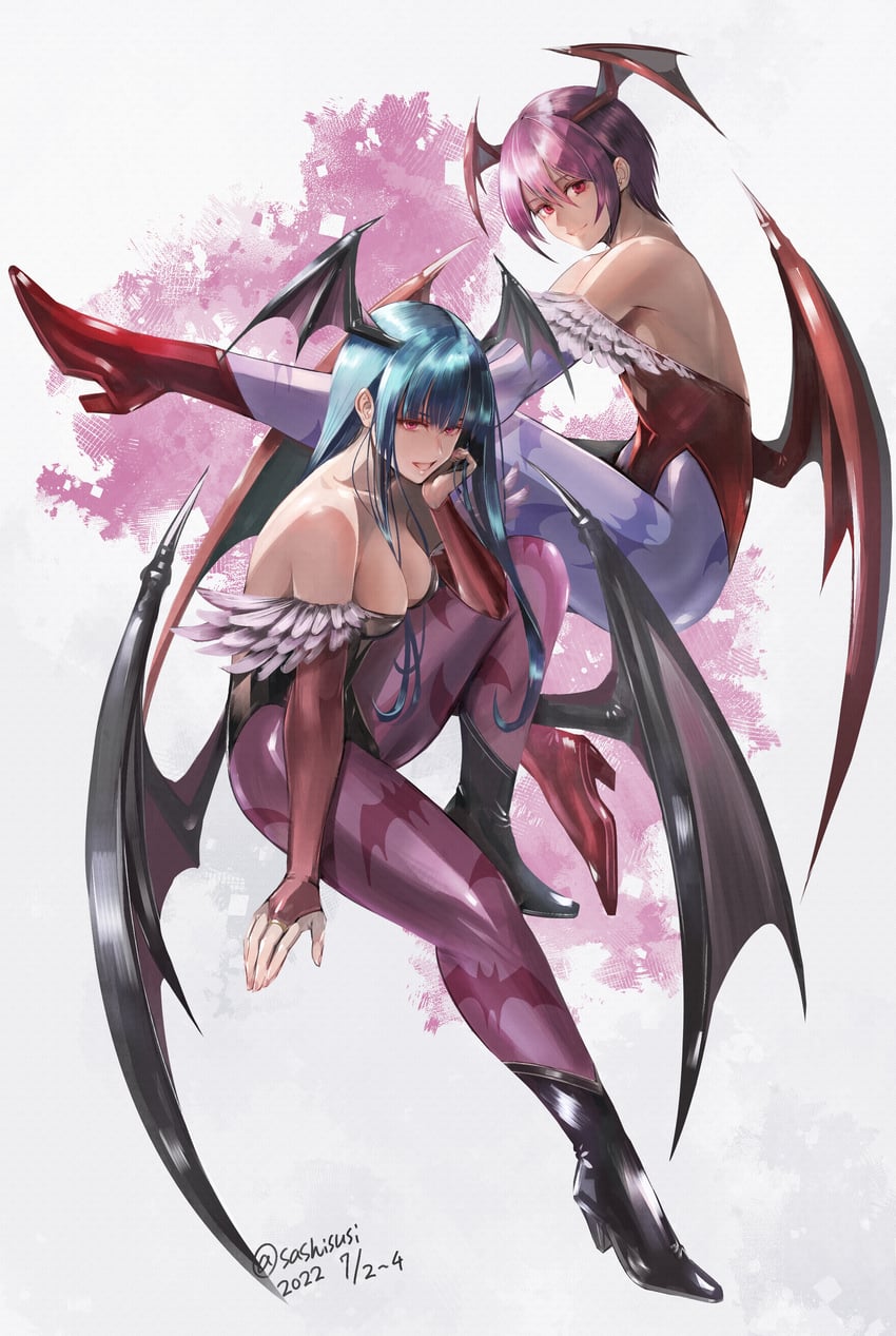 morrigan aensland and lilith (darkstalkers) drawn by sushi_(sashimise)