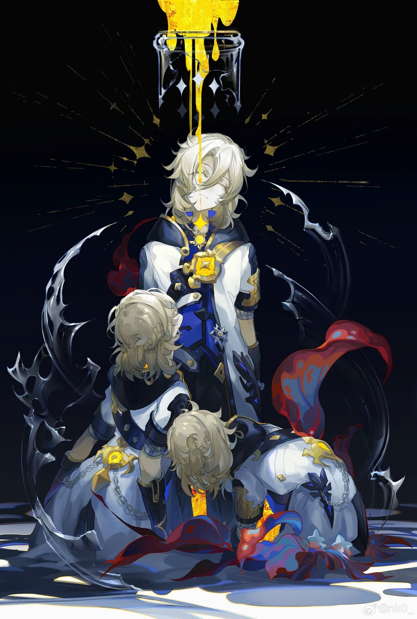 albedo, primordial albedo, and whopperflower (genshin impact) drawn by nnikko