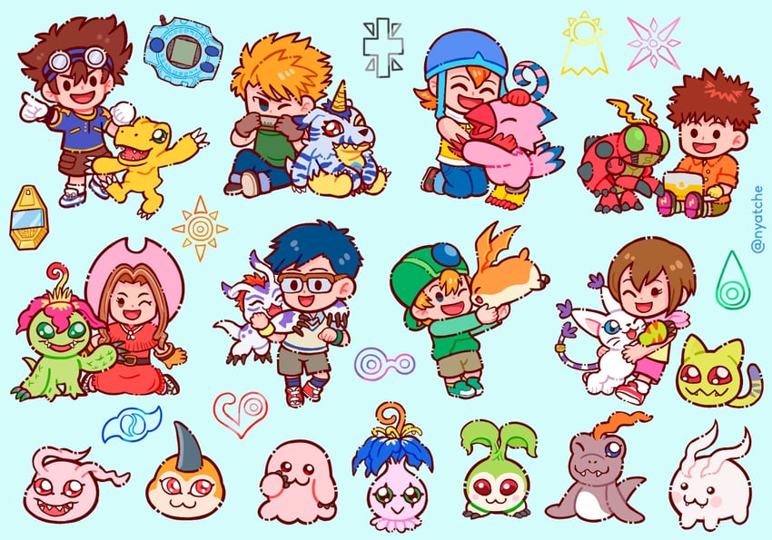 yagami hikari, yagami taichi, tailmon, agumon, tachikawa mimi, and 19 more (digimon and 1 more) drawn by nyatche