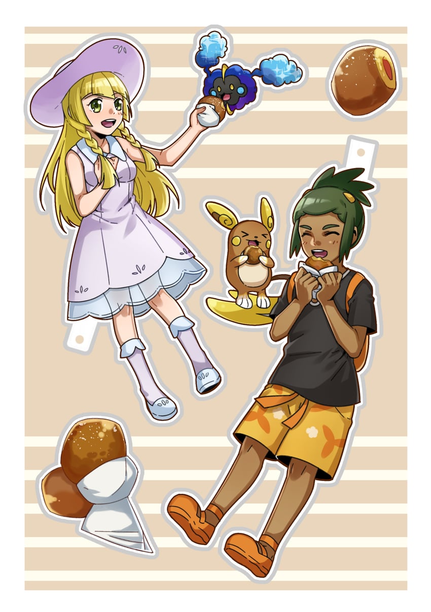 lillie, hau, cosmog, and alolan raichu (pokemon and 1 more) drawn by unknown-amelia
