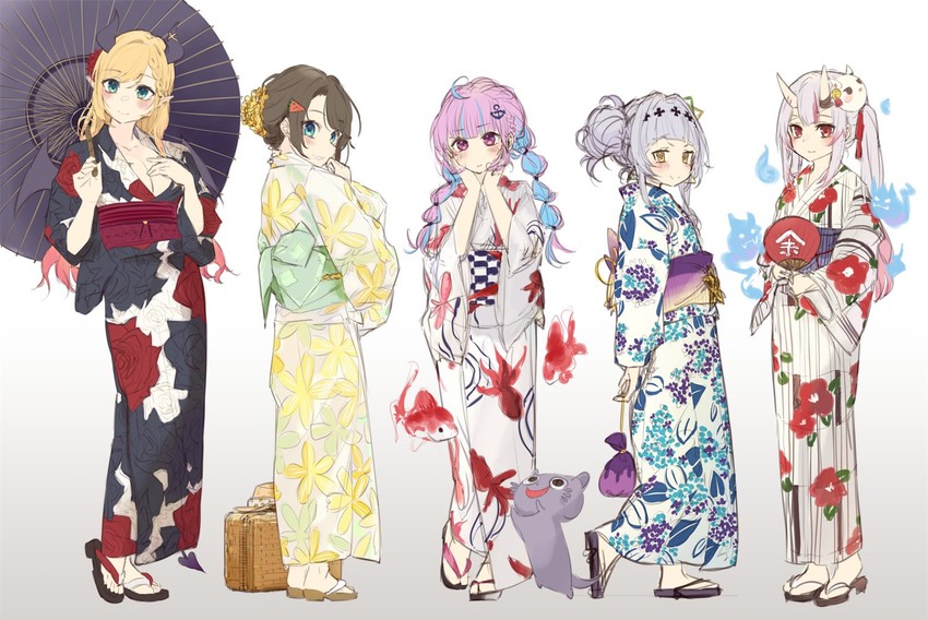 minato aqua, oozora subaru, murasaki shion, nakiri ayame, yuzuki choco, and 1 more (hololive) drawn by nuko_miruku