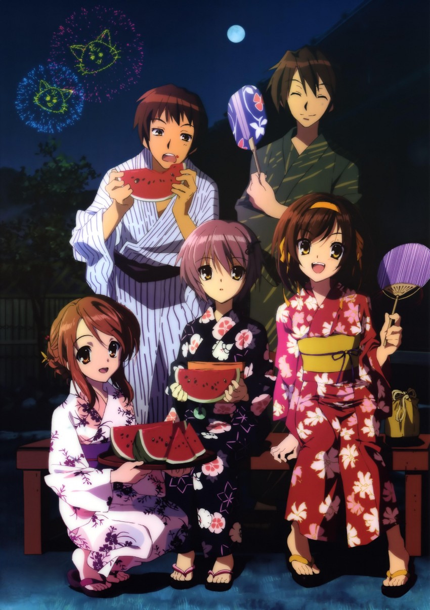 suzumiya haruhi, nagato yuki, asahina mikuru, kyon, and koizumi itsuki (suzumiya haruhi no yuuutsu) drawn by nishiya_futoshi