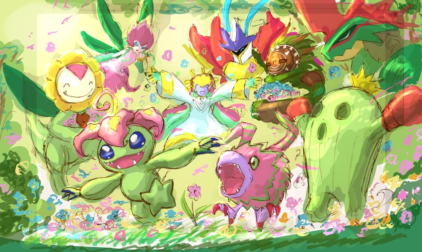 palmon, lilimon, togemon, sunflowmon, chocomon, and 5 more (digimon) drawn by nigreenwalker