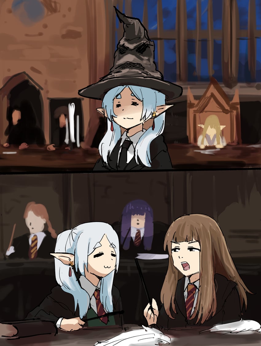 frieren, fern, hermione granger, serie, and sorting hat (sousou no frieren and 3 more) drawn by tenten_(chan4545)