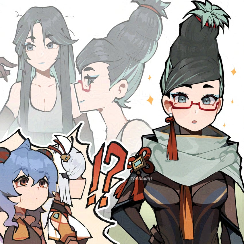ganyu, shenhe, xianyun, and ayase seiko (genshin impact and 1 more) drawn by wokiiarts