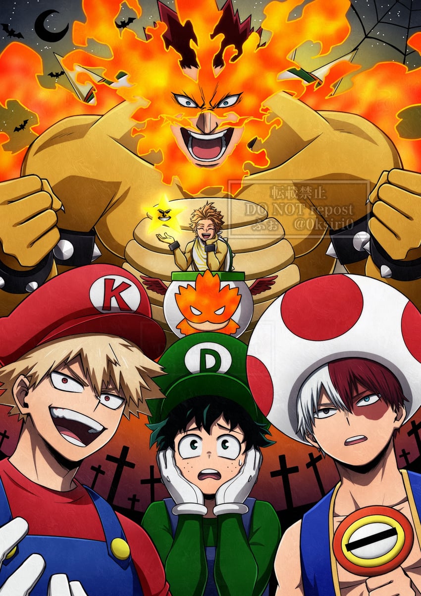 midoriya izuku, mario, bakugou katsuki, luigi, todoroki shoto, and 5 more (boku no hero academia and 1 more) drawn by 0ksiri0