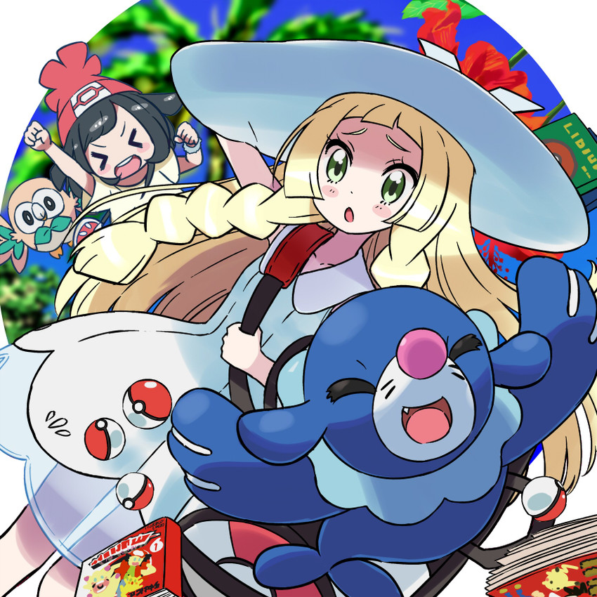 lillie, selene, rowlet, and popplio (pokemon and 1 more) drawn by kingin