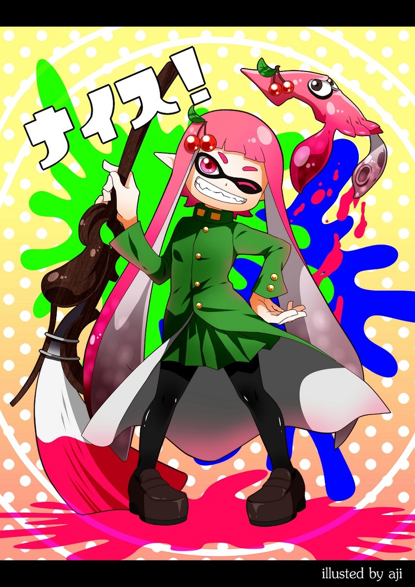 inkling player character, inkling girl, and kakyoin noriaki (jojo no kimyou na bouken and 2 more) drawn by aji_(coastal_area)