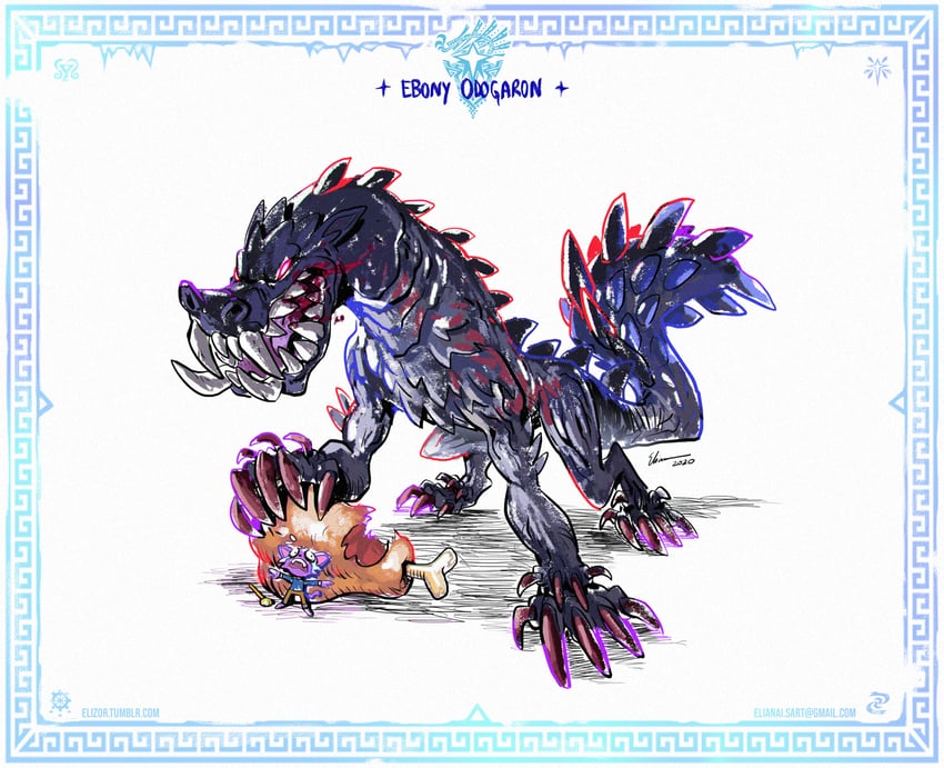 player palico and ebony odogaron (monster hunter and 2 more) drawn by eliz0r