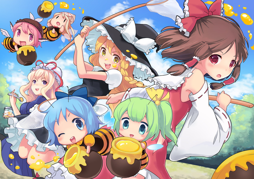 hakurei reimu, kirisame marisa, cirno, yakumo yukari, mystia lorelei, and 2 more (touhou) drawn by occhan_(11715)