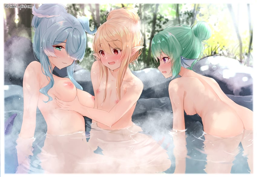 elira pendora, pomu rainpuff, and finana ryugu (nijisanji and 1 more) drawn by ex_idol