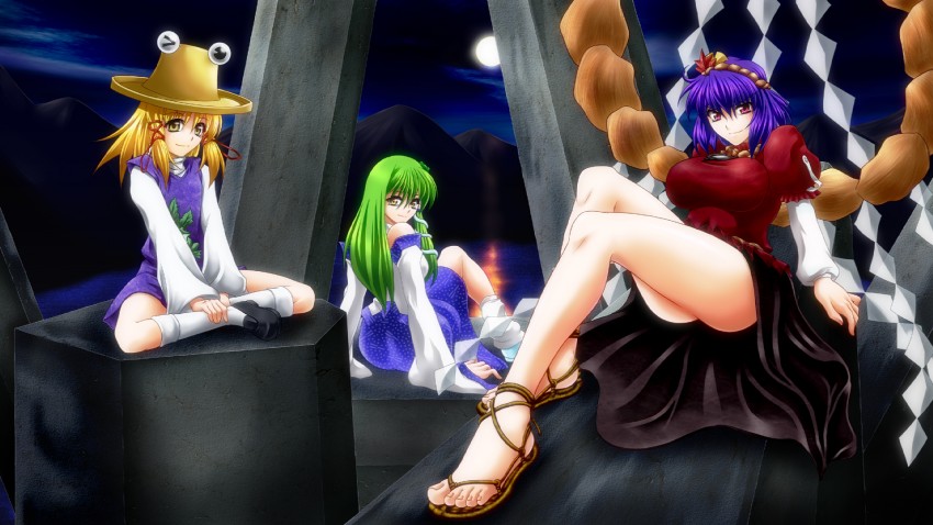 kochiya sanae, moriya suwako, yasaka kanako, and pyonta (touhou) drawn by ootsuki_wataru