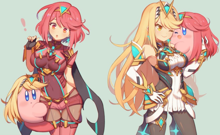 pyra, kirby, and mythra (xenoblade chronicles and 3 more) drawn by wusagi2