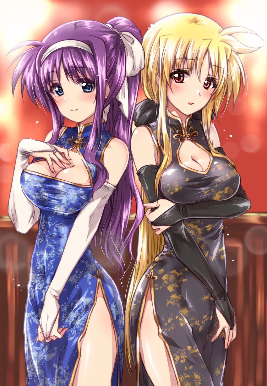 fate testarossa and tsukimura suzuka (lyrical nanoha and 2 more) drawn by kuroi_mimei
