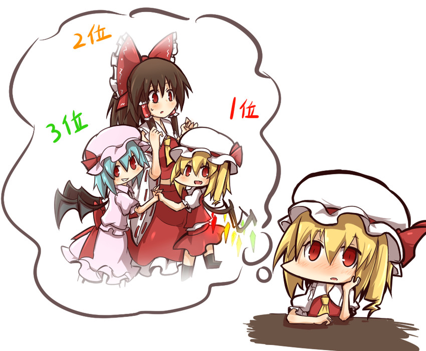 hakurei reimu, remilia scarlet, and flandre scarlet (touhou) drawn by asyura_kumo