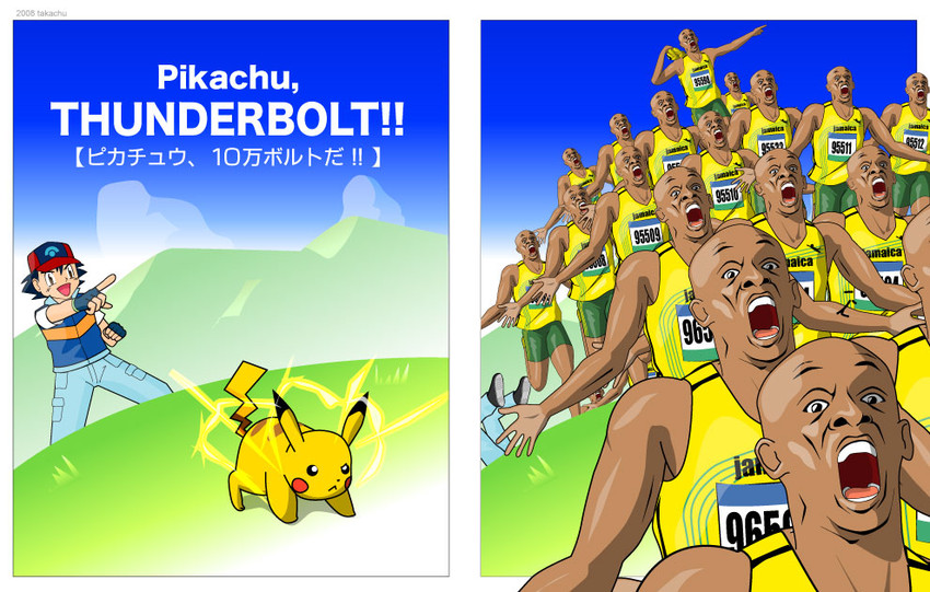 pikachu, ash ketchum, and usain bolt (pokemon and 2 more) drawn by takachu
