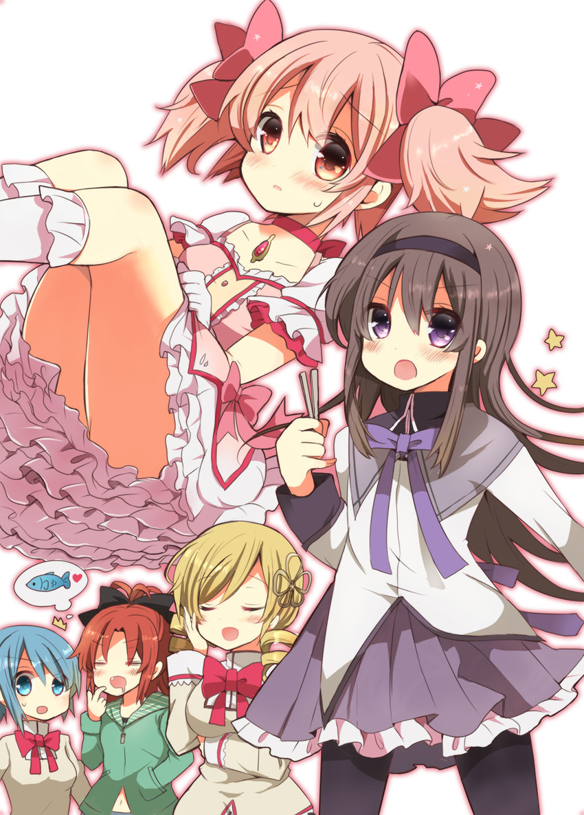 akemi homura, kaname madoka, miki sayaka, sakura kyoko, and tomoe mami (mahou shoujo madoka magica) drawn by shiroi_hakuto