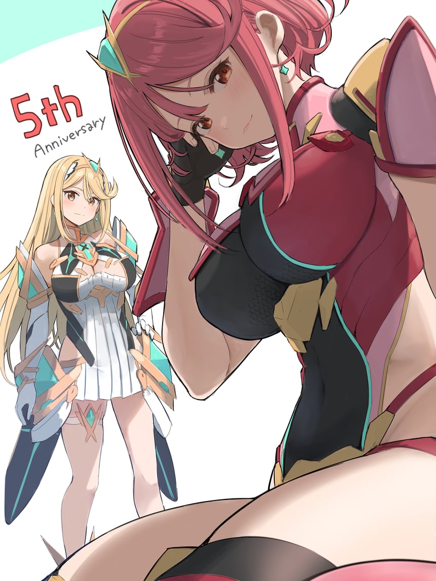 pyra and mythra (xenoblade chronicles and 1 more) drawn by mameroku