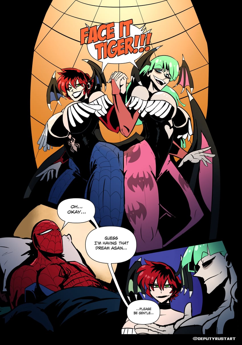 morrigan aensland, spider-man, and mary jane watson (marvel and 3 more) drawn by deputy_rust