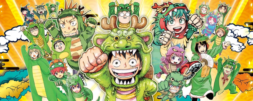 monkey d. luffy, midoriya izuku, itadori yuuji, houjou tokiyuki, rokuhira chihiro, and 13 more (one piece and 21 more) drawn by horikoshi_kouhei, miura_kouji, moue_takamasa, oda_eiichirou, and terasaka_kento