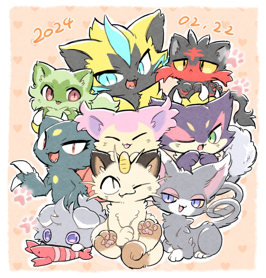 sprigatito, meowth, litten, skitty, espurr, and 4 more (pokemon) drawn by nekogusa