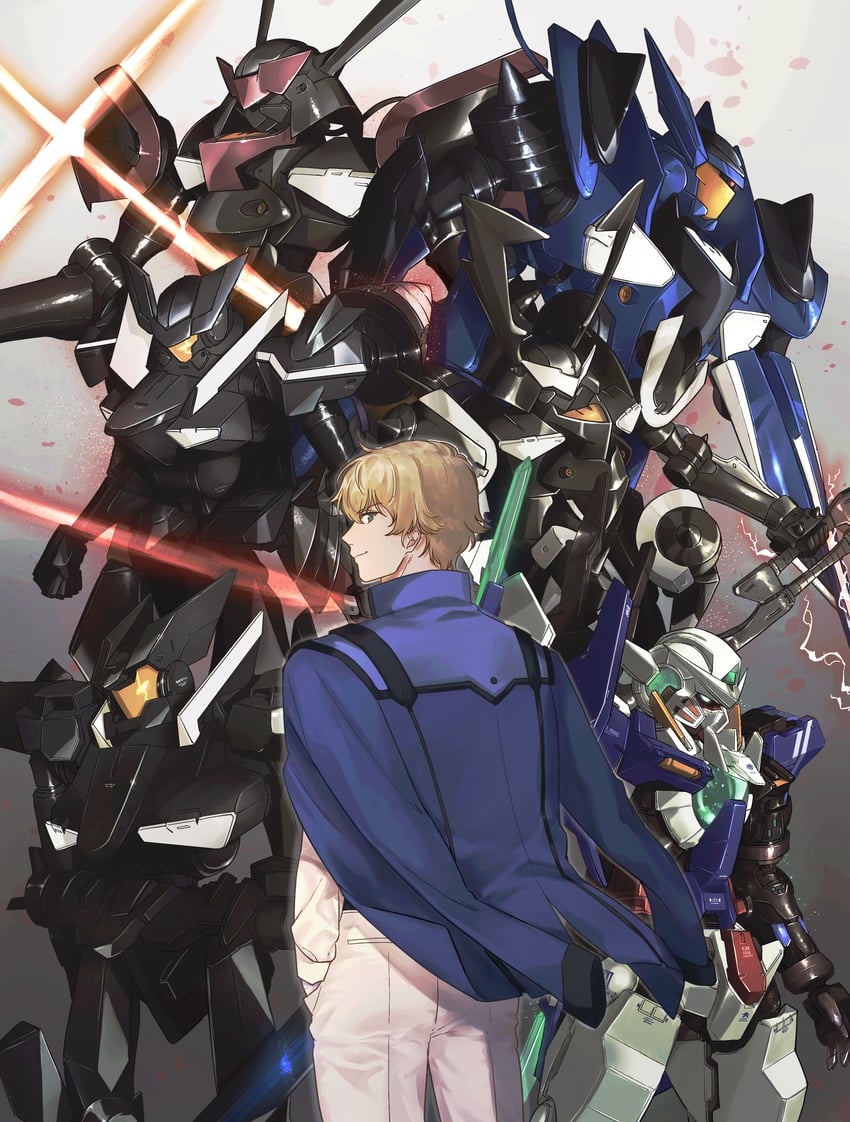 graham aker, flag custom, union flag, gundam exia repair iv, brave commander test type, and 3 more (gundam and 2 more) drawn by nanao_parakeet