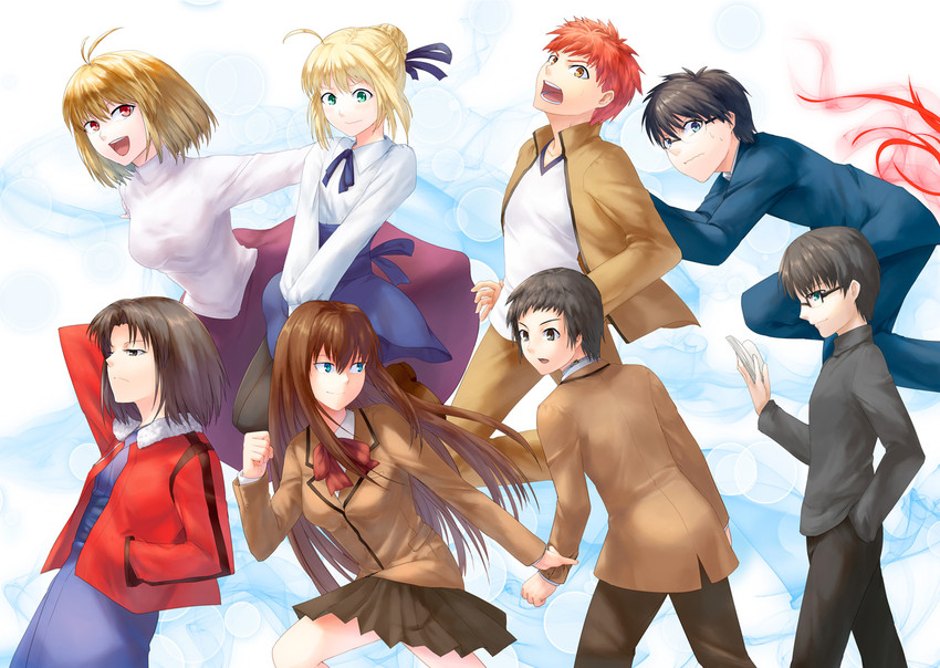 artoria pendragon, saber, emiya shirou, arcueid brunestud, ryougi shiki, and 4 more (fate and 5 more) drawn by torinoko_tamago