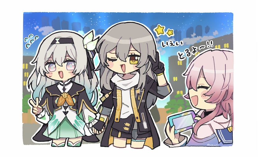 trailblazer, firefly, stelle, and march 7th (honkai and 1 more) drawn by mkgnmk3