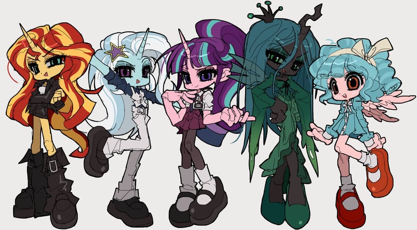 sunset shimmer, trixie lulamoon, starlight glimmer, queen chrysalis, and cozy glow (my little pony and 2 more) drawn by jwnn