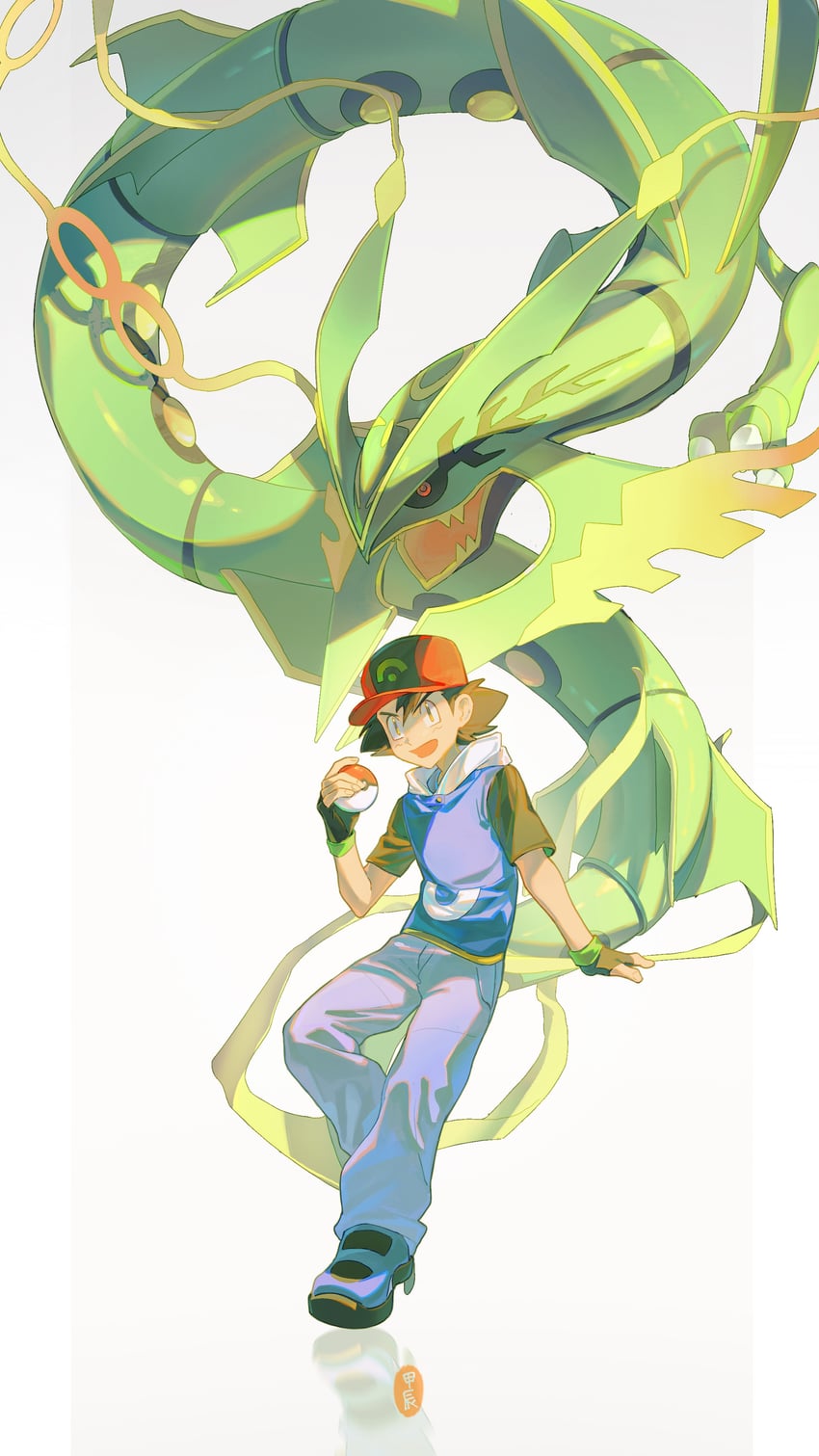 ash ketchum, rayquaza, and mega rayquaza (pokemon and 1 more) drawn by okralos