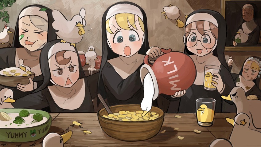 clumsy nun, froggy nun, spicy nun, glasses nun, and leaf nun (little nuns) drawn by diva_(hyxpk)