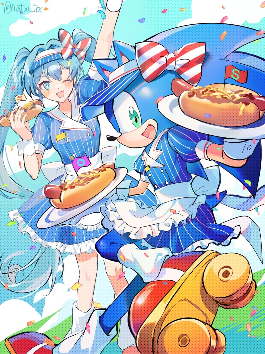 hatsune miku and sonic the hedgehog (vocaloid and 2 more) drawn by natsu_trx