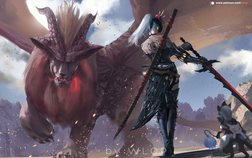 monster hunter, felyne, and teostra (monster hunter and 1 more) drawn by wlop