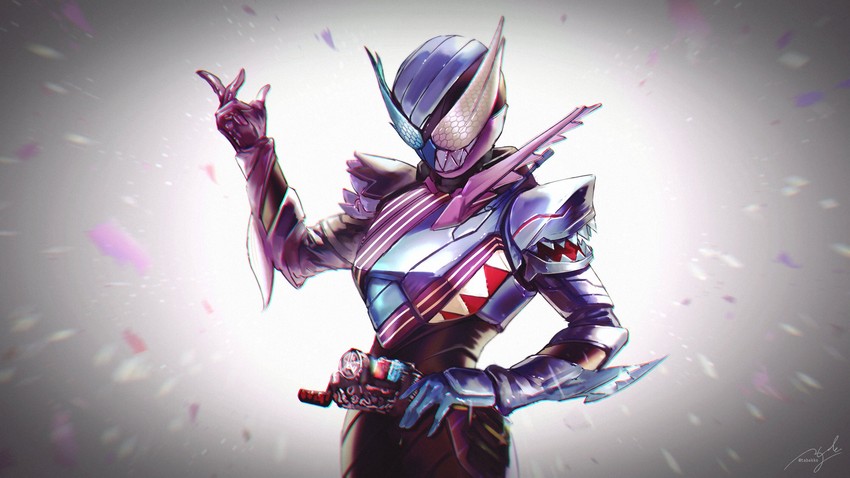 gawr gura, murasaki shion, and kamen rider build (hololive and 3 more) drawn by hyde_(tabakko)