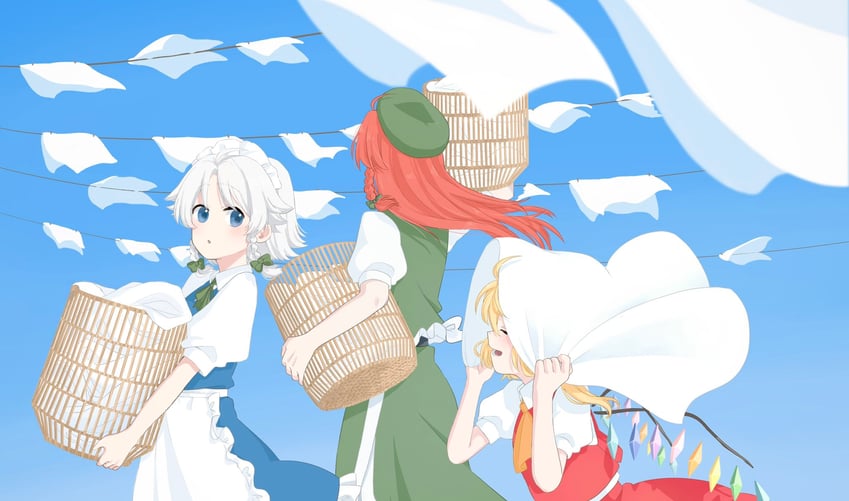 flandre scarlet, izayoi sakuya, and hong meiling (touhou) drawn by ktune_udon