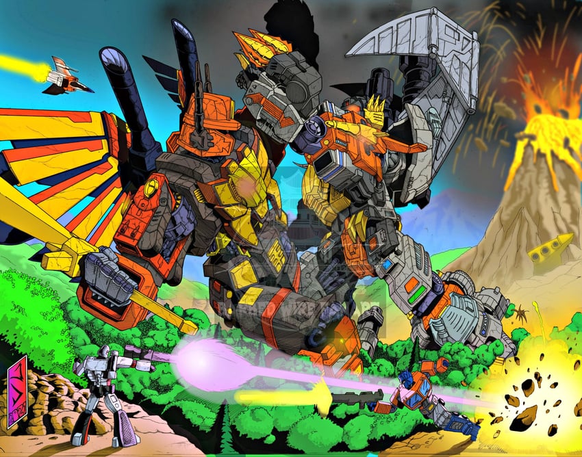 optimus prime, megatron, starscream, predaking, and volcanicus (transformers and 2 more) drawn by barbedwirefanart