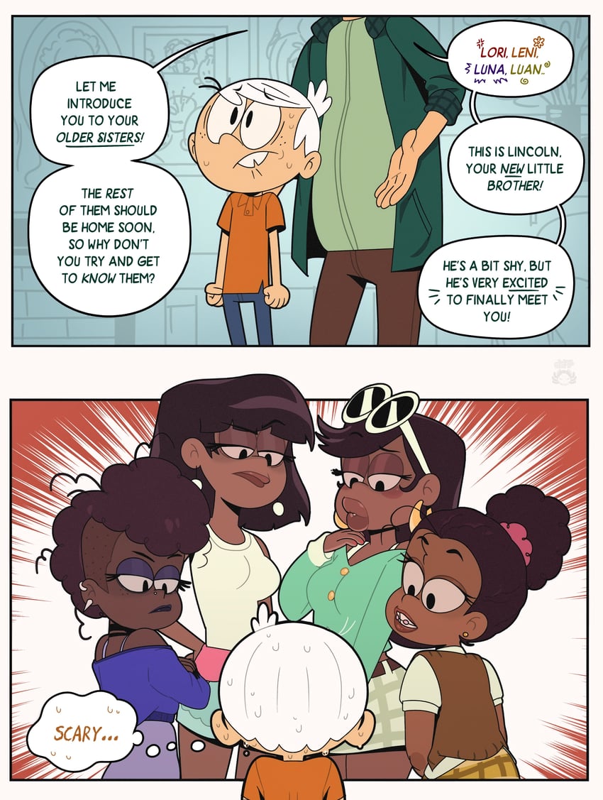 lincoln loud, lynn loud sr, lori bloud, leni bloud, luna bloud, and 1 more (the loud house and 1 more) drawn by mahmapuu