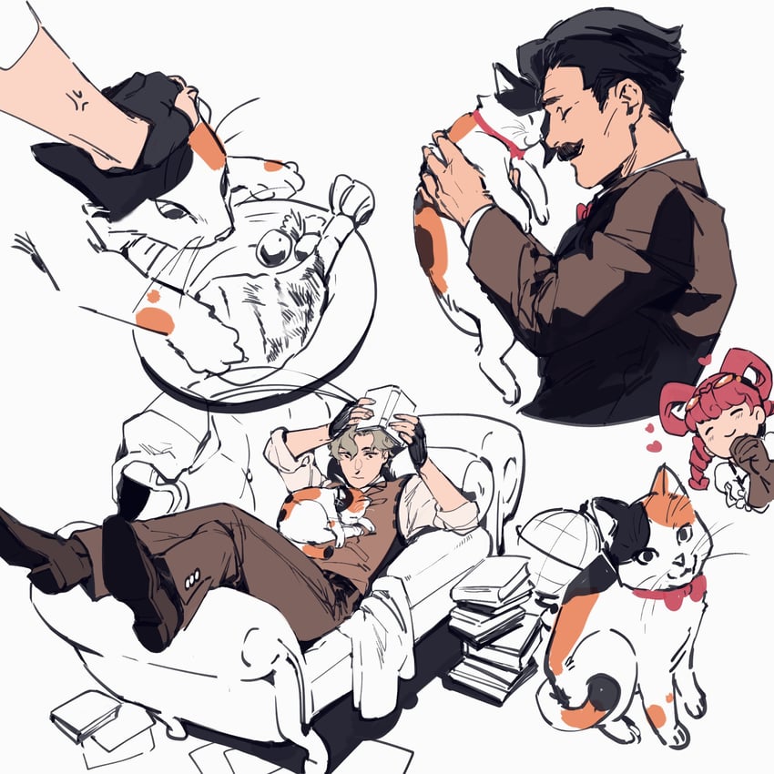 herlock sholmes, iris wilson, wagahai, and soseki natsume (ace attorney and 1 more) drawn by worvies