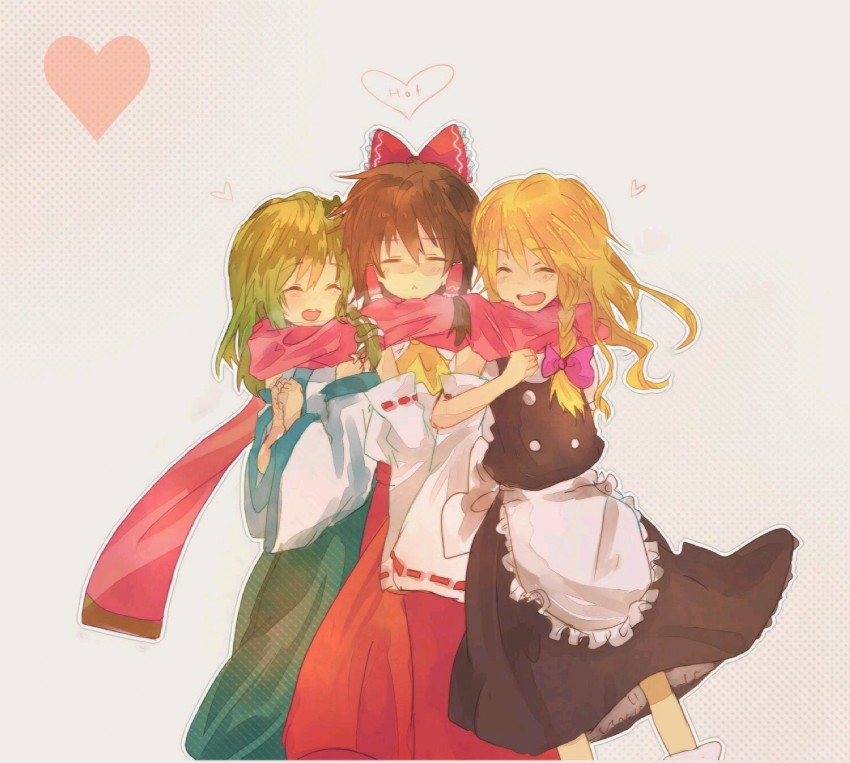 hakurei reimu, kirisame marisa, and kochiya sanae (touhou) drawn by rekoku
