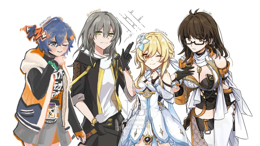 lumine, trailblazer, stelle, belle, entropy, and 1 more (genshin impact and 5 more) drawn by ioichiha, ishimi831, ohoolthu, and tototon_(yshixnnya123)