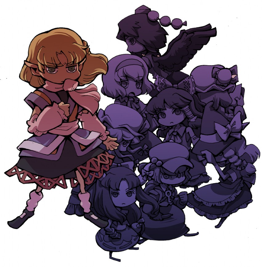 hakurei reimu, kirisame marisa, alice margatroid, patchouli knowledge, yakumo yukari, and 4 more (touhou) drawn by hounori