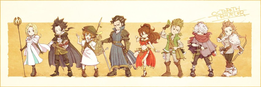 therion, tressa colzione, ophilia clement, primrose azelhart, cyrus albright, and 3 more (octopath traveler and 1 more) drawn by shouta_(shbz)