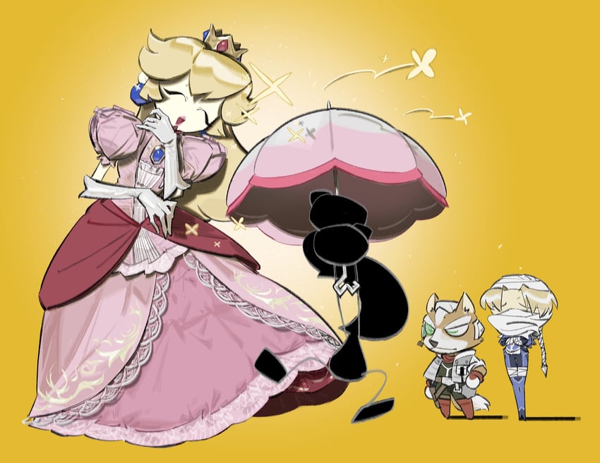 princess peach, sheik, fox mccloud, and mr. game & watch (the legend of zelda and 3 more) drawn by u_l_aa