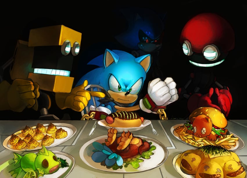 sonic the hedgehog, dr. eggman, metal sonic, flicky, orbot, and 3 more (sonic) drawn by llama_pear