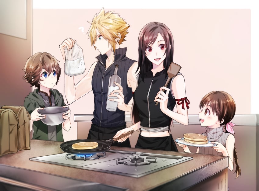 tifa lockhart, cloud strife, marlene wallace, and denzel (final fantasy and 2 more) drawn by mizuamememe