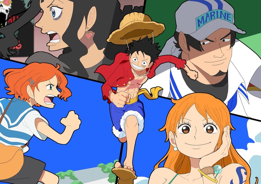 nami, monkey d. luffy, brook, elder marine brother, nami's fangirl, and 1 more (one piece and 1 more) drawn by tk1129dane27